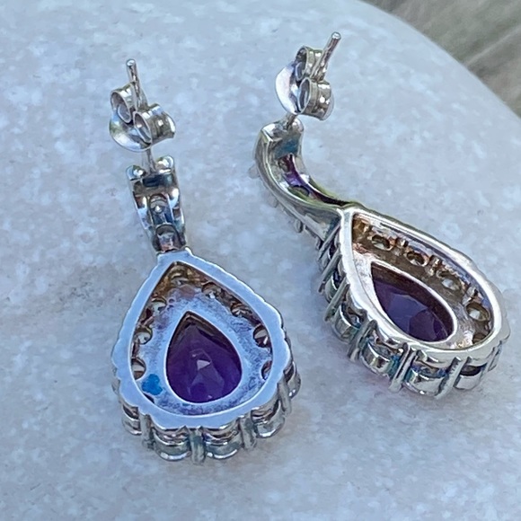 Amethyst .925 Sterling Silver earrings surrounded with white Cz - Picture 4 of 9